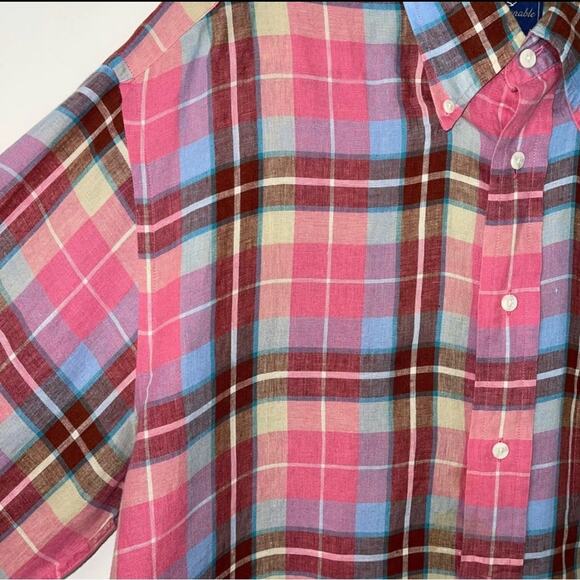 Faconnable Men’s Large Linen Pink Plaid Button Down Shirt in Preloved Condition - Picture 9 of 11